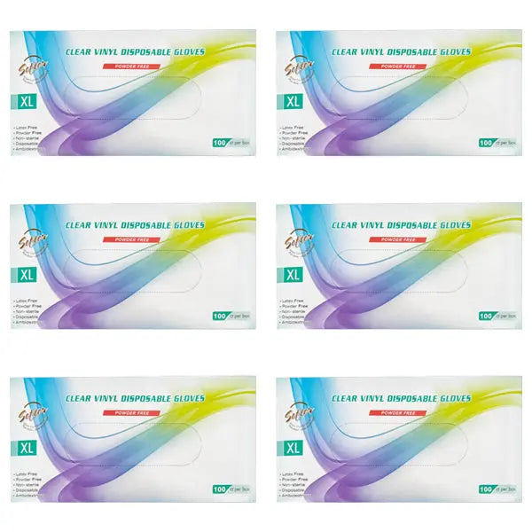 Six boxes of Unbranded Clear Vinyl Powder-Free X-Large Disposable Gloves, each containing 100 gloves, are arranged in two rows of three.